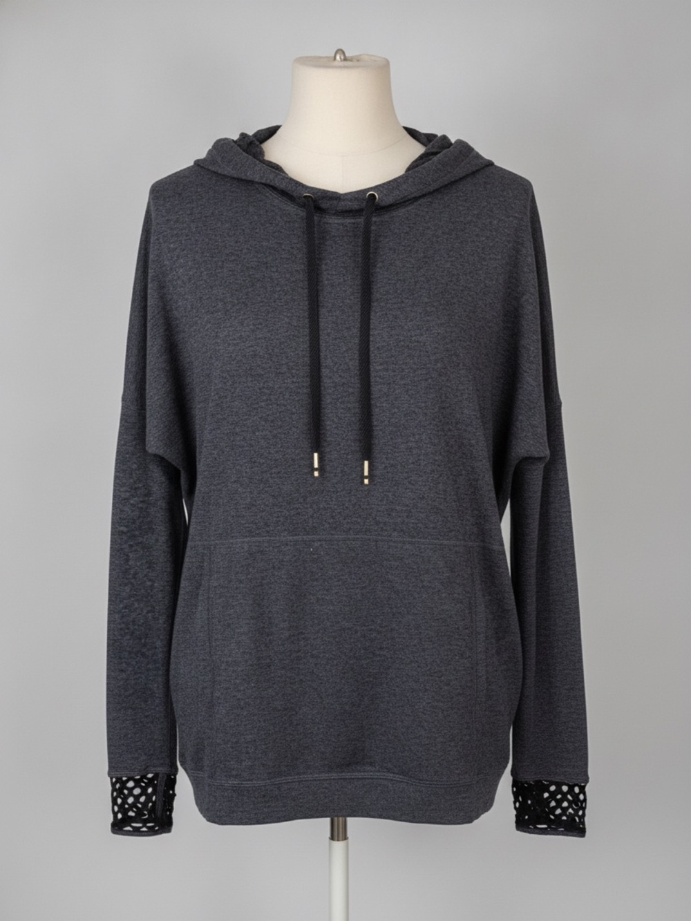 Alala Dark Charcoal Crewneck Hoodie with black cutout trim, Size Small